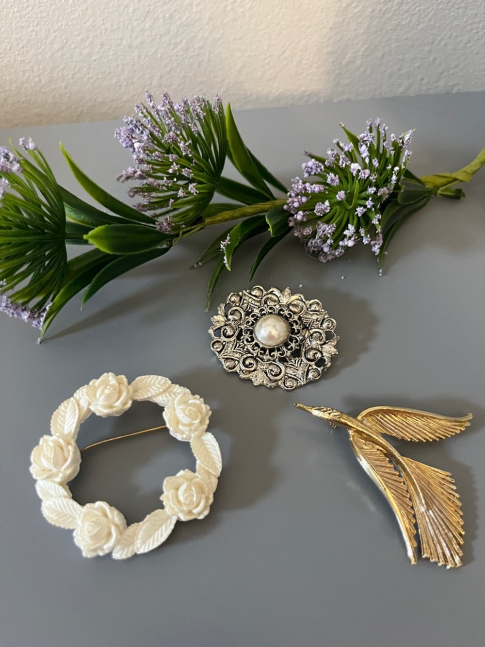 Brooch Trio Classic Silver with Pearl, Gold Tone Bird Bone Colored Rose